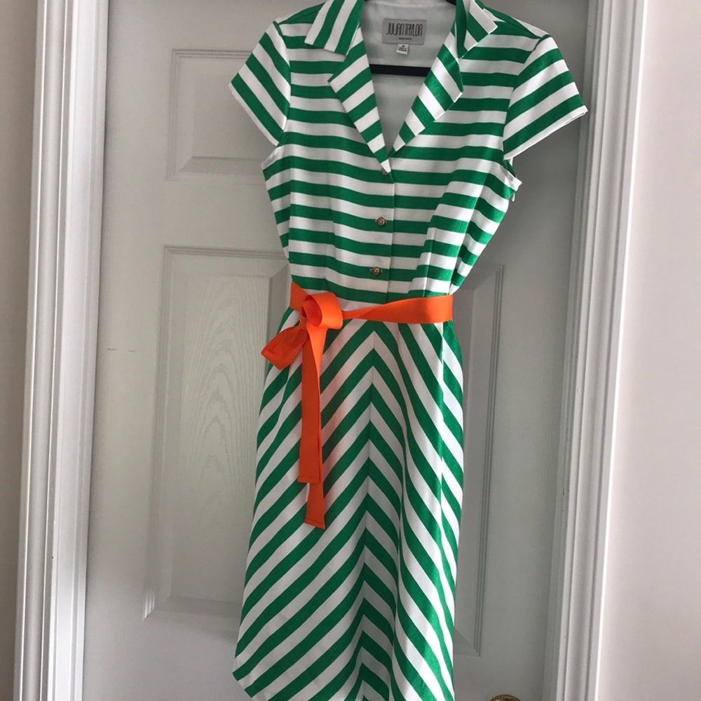 Striped short-sleeved party dress with orange belt